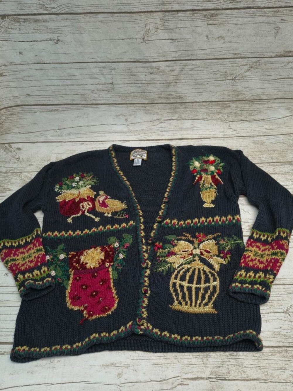 Heirloom Collectibles Embroidered Black Ramie Cotton Sweater Size Large